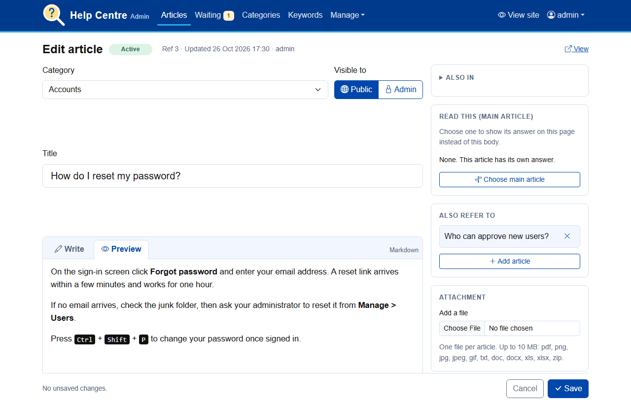 PBS FAQ article editor showing the Preview tab, related articles and attachment