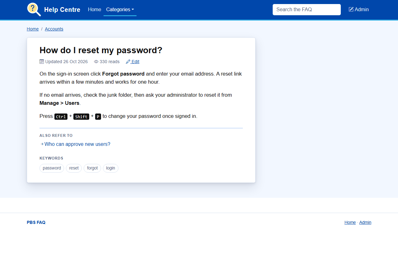 A PBS FAQ article with keyboard keys, related articles and keywords