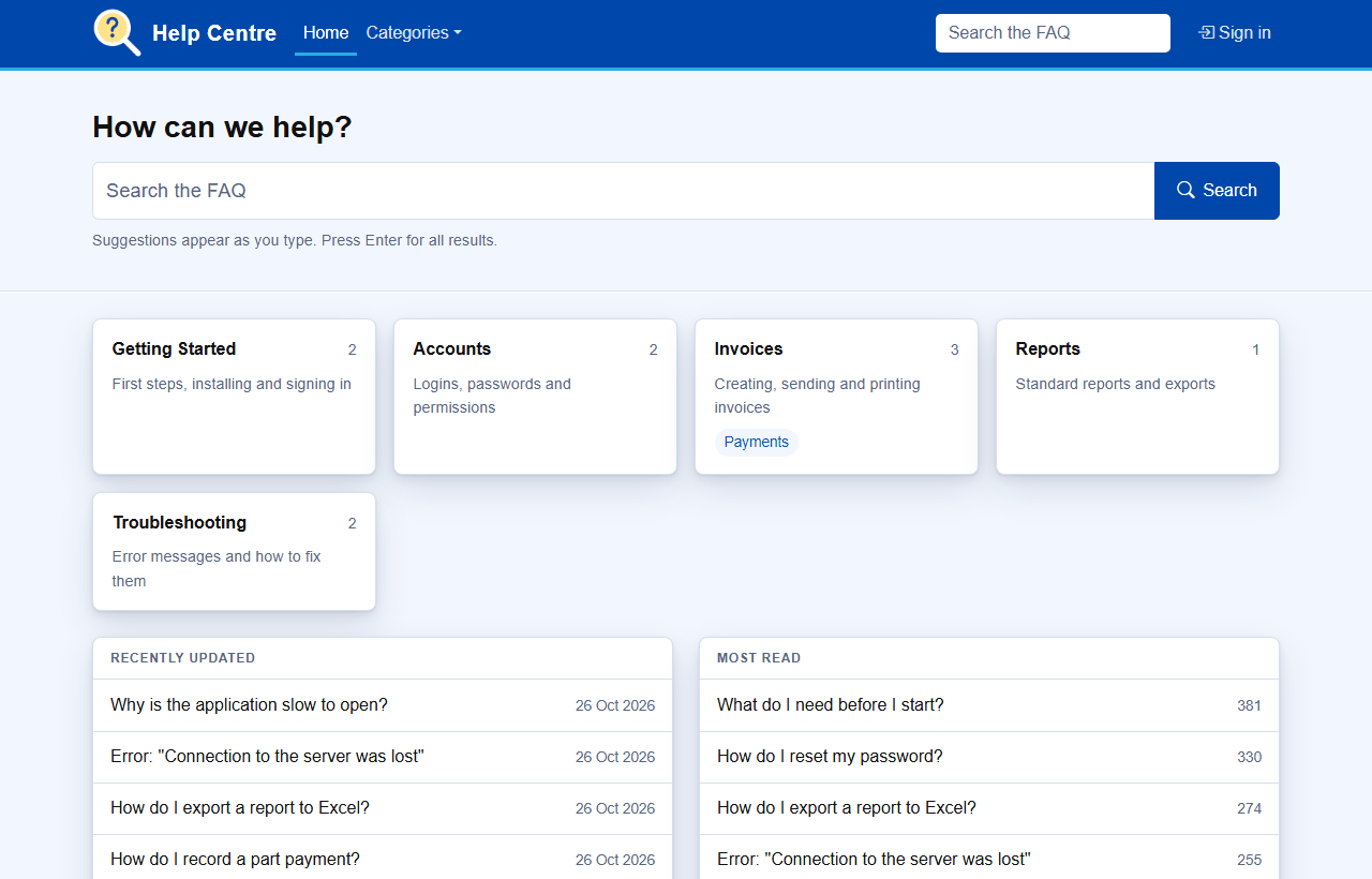 PBS FAQ home page with search box, category tiles, recently updated and most read