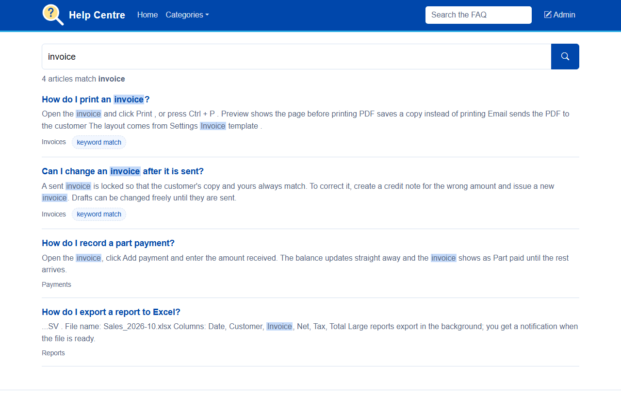 PBS FAQ search results with highlighted matches and keyword match badges