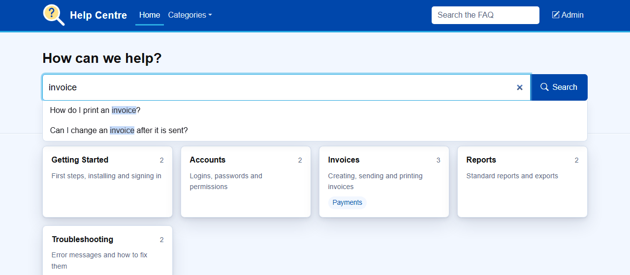 Live search suggestions under the PBS FAQ search box