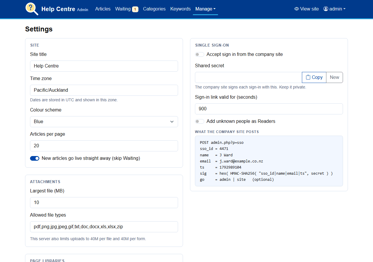 PBS FAQ settings: site title, time zone, colour scheme, attachments and single sign-on